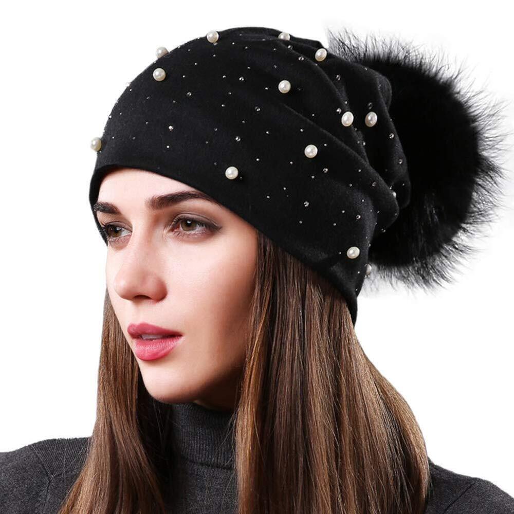 2397 Slouchy Beanie Hat with Fur Ball Pompom Cotton Pearls Winter Fall Hat